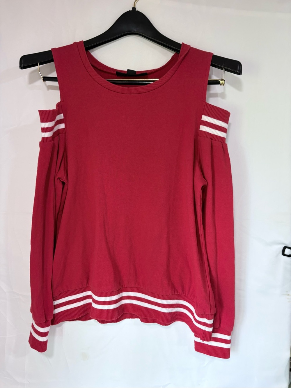 Vanilla Star Red Cold-Shoulder Sweatshirt with White Stripe Trim